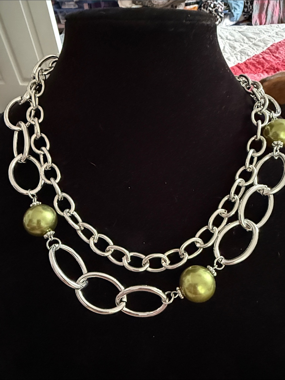 NWT 10” Women’s Silver Double Chain  Necklace & earrings with Green Beads